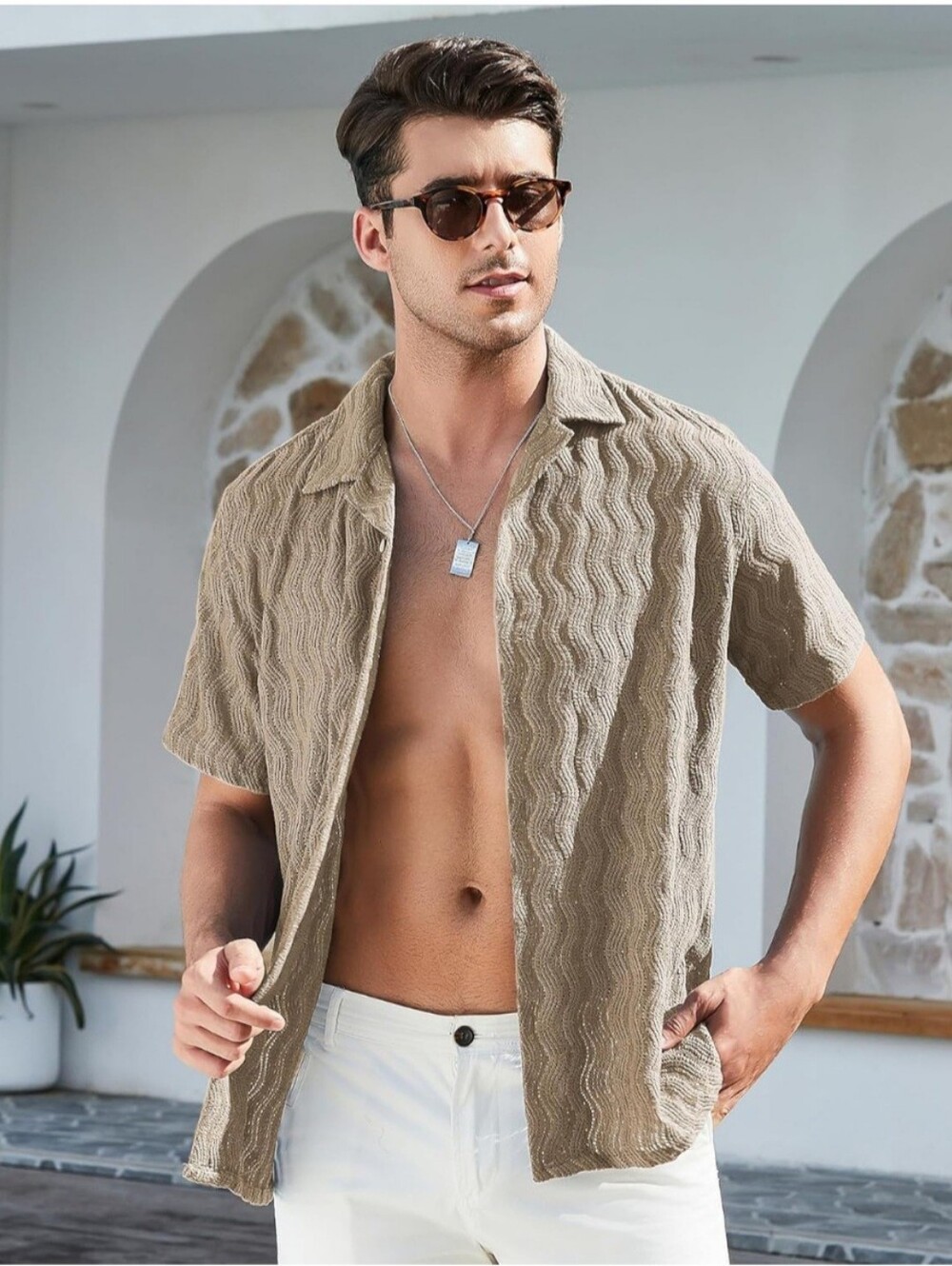 Mens Textured Knit Resort Shirt Coastal Grandpa Old Money Beach Vacation Large.